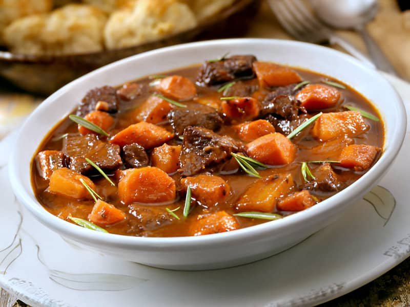 Un estofado irlandés de ternera servido en un plato blanco donde se aprecia la carne y los trozos de zanahoria